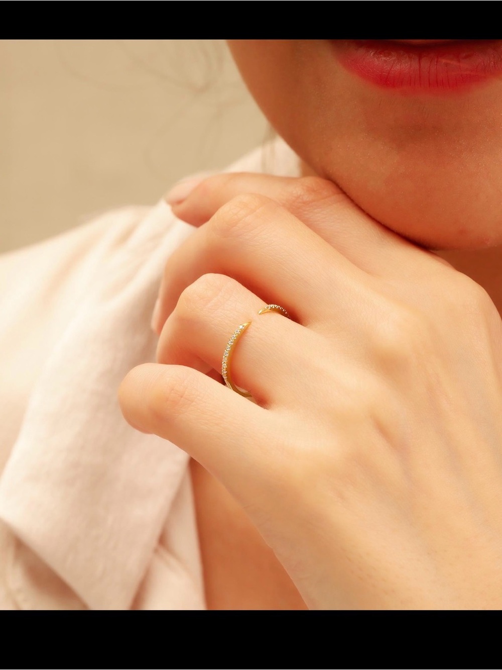 10K Gold Open Ring with Pavé Simulated Diamonds - Picture 3 of 4